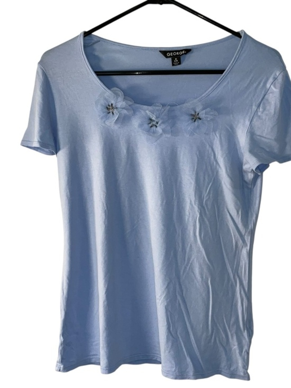 George Powder Blue Scoop Neck Short Sleeve Top with Floral Appliqués